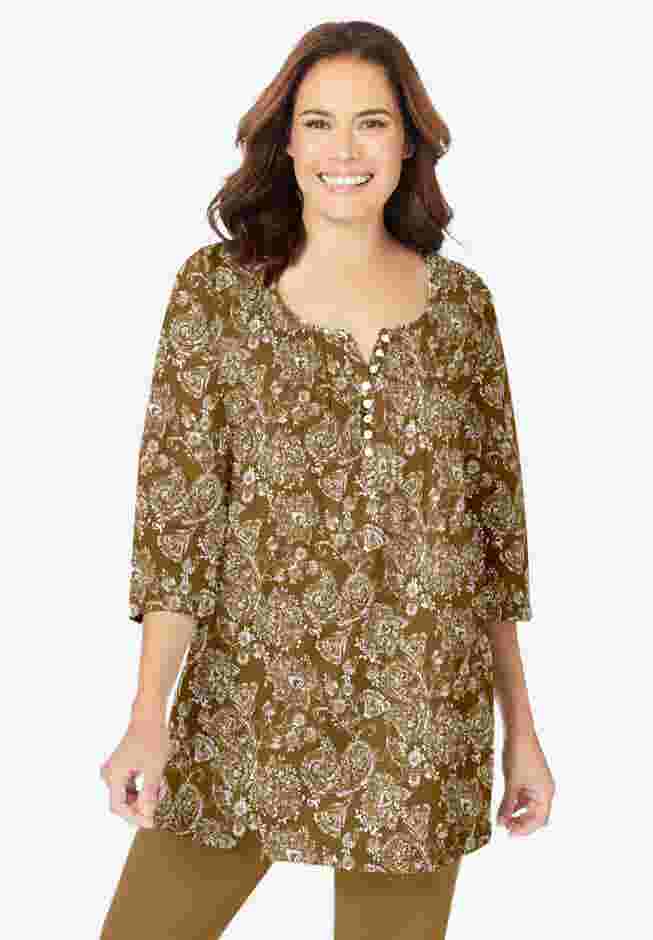 7-Day Three-Quarter Sleeve Pintucked Henley Tunic image number 0