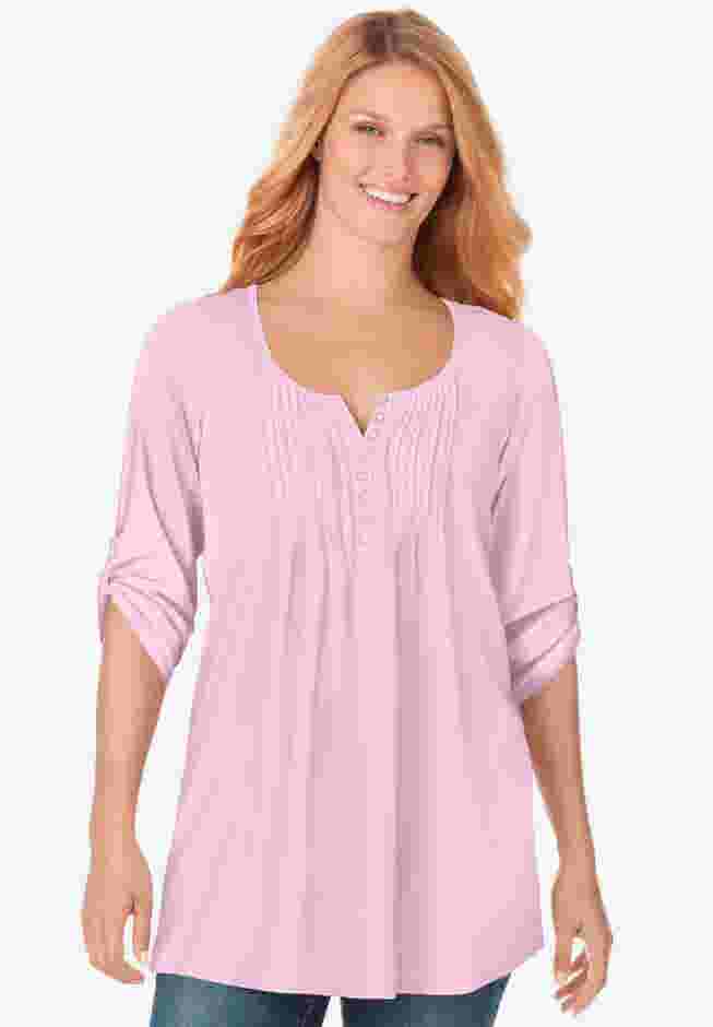 7-Day Three-Quarter Sleeve Pintucked Henley Tunic image number 0
