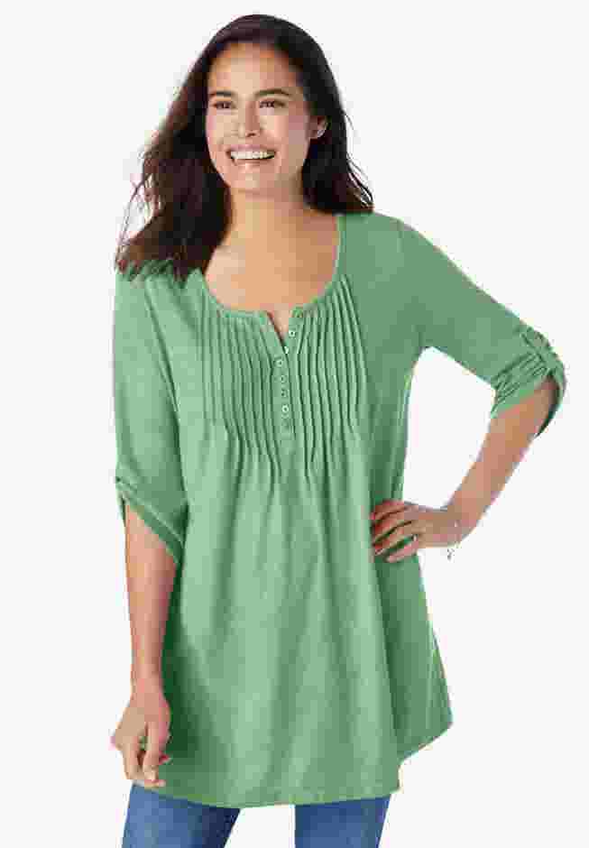 7-Day Three-Quarter Sleeve Pintucked Henley Tunic image number 0
