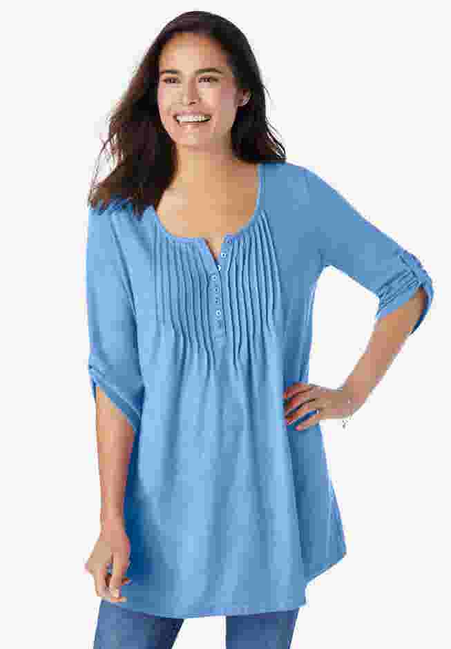 7-Day Three-Quarter Sleeve Pintucked Henley Tunic image number 0