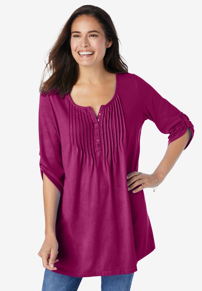 Plus Size Pintucked Henley Tunic 3/4 Sleeve, Raspberry | Woman Within