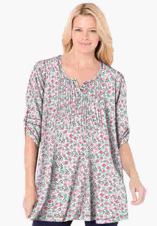 7-Day Three-Quarter Sleeve Pintucked Henley Tunic image number 0