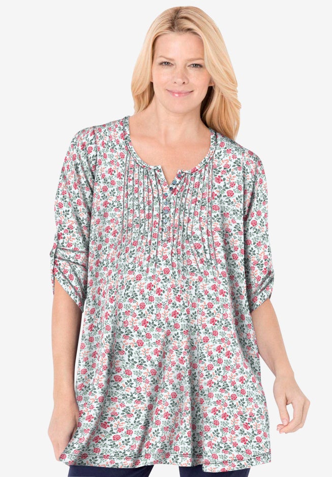 7-Day Three-Quarter Sleeve Pintucked Henley Tunic image number 0