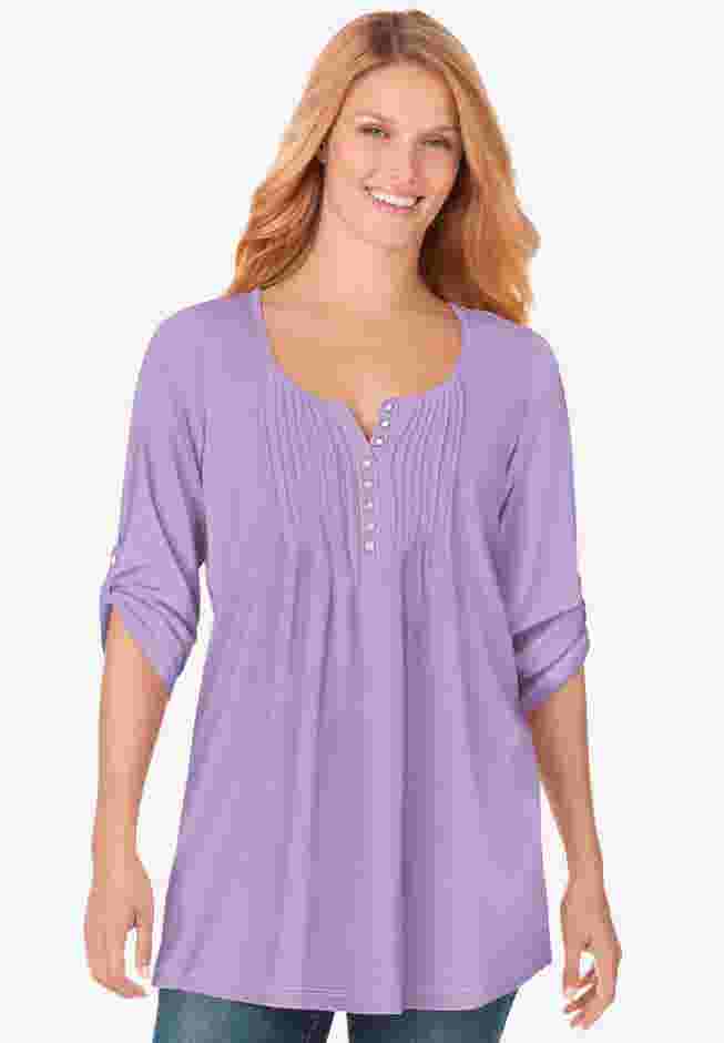 7-Day Three-Quarter Sleeve Pintucked Henley Tunic image number 0