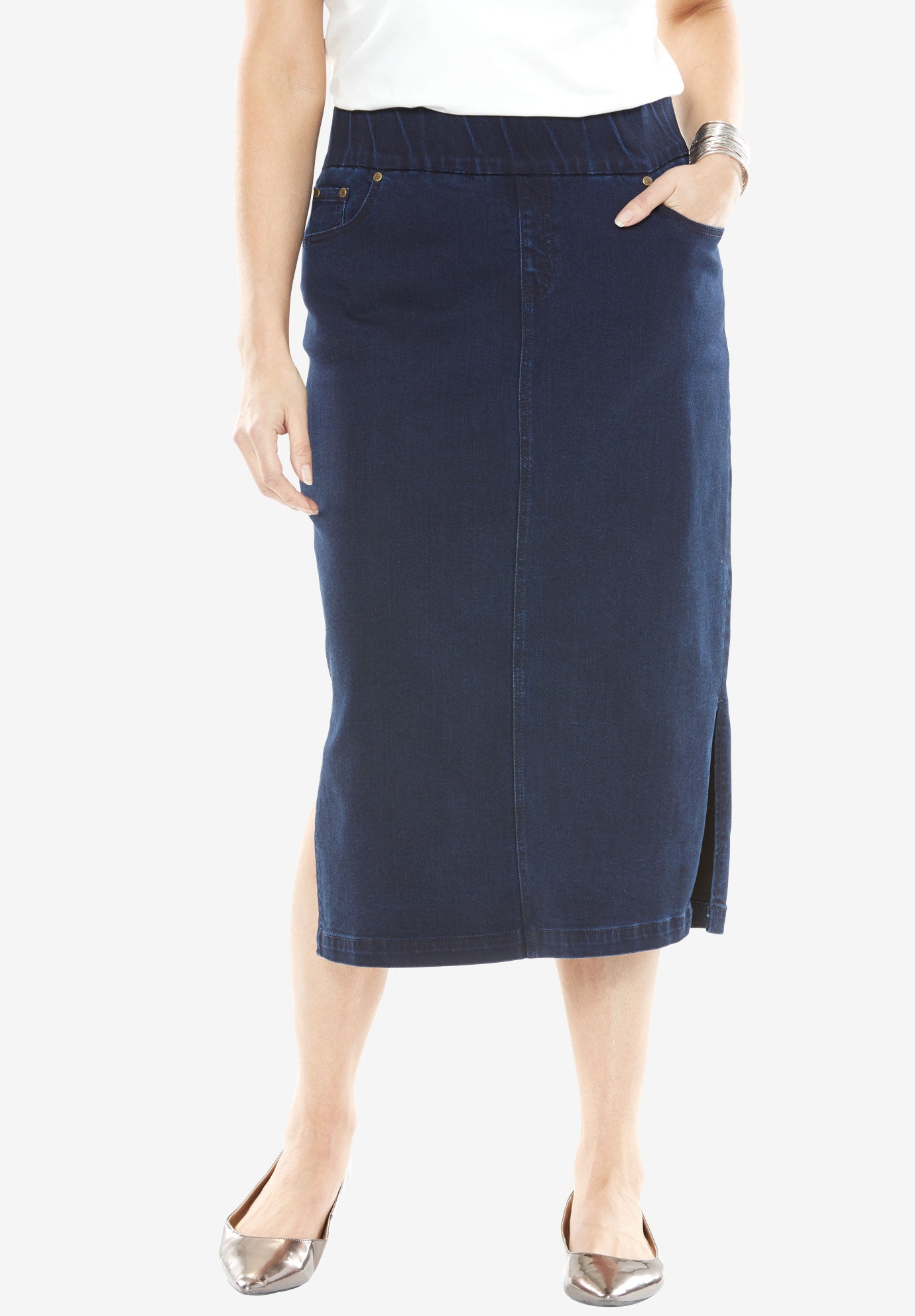 Comfort Waist Stretch Denim Midi Skirt image number 0