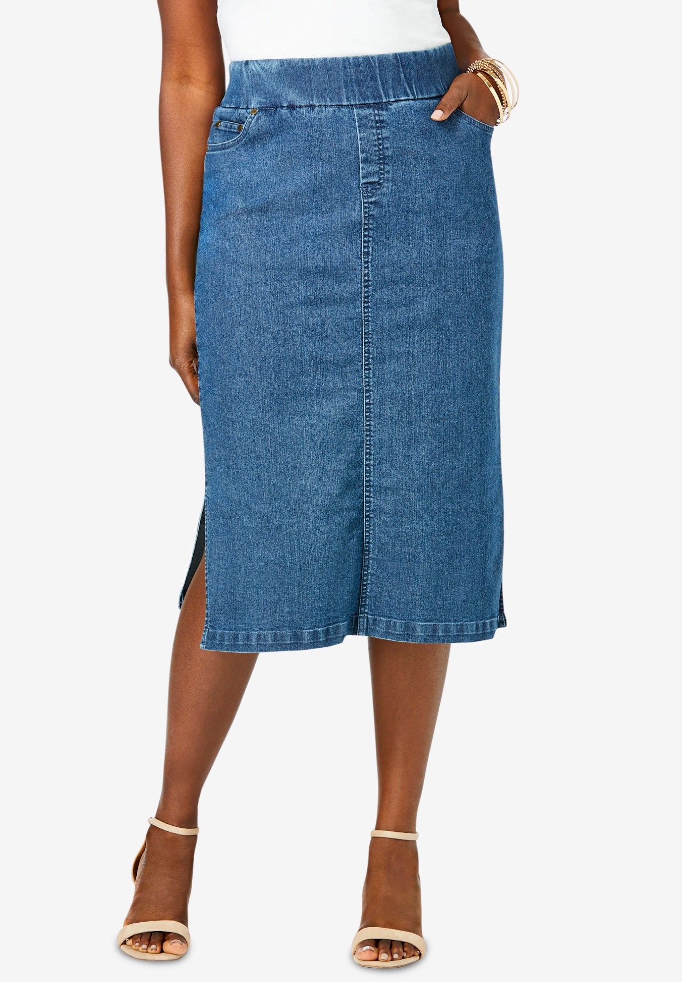 Comfort Waist Stretch Denim Midi Skirt image number 0
