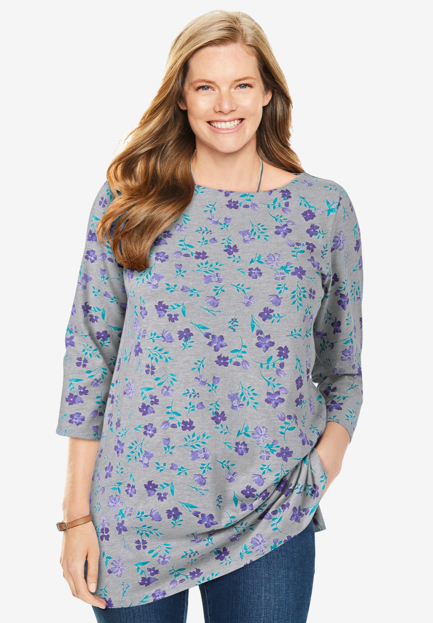 Perfect Printed Elbow-Sleeve Boatneck Tee image number 0