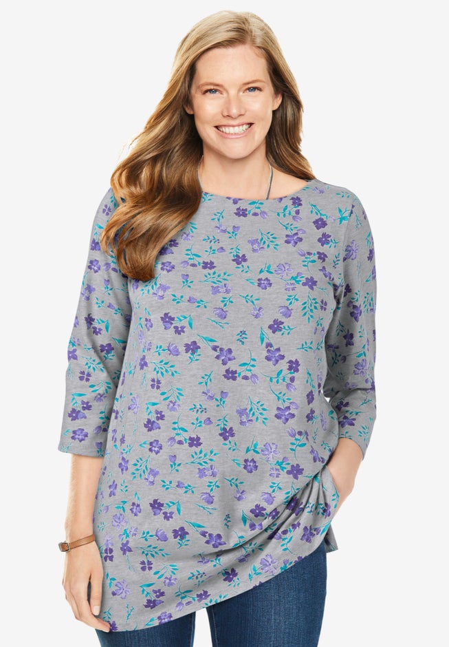 Perfect Printed Elbow-Sleeve Boatneck Tee image number 0