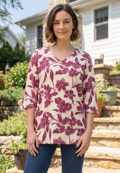 Perfect Printed Three-Quarter-Sleeve V-Neck Tunic