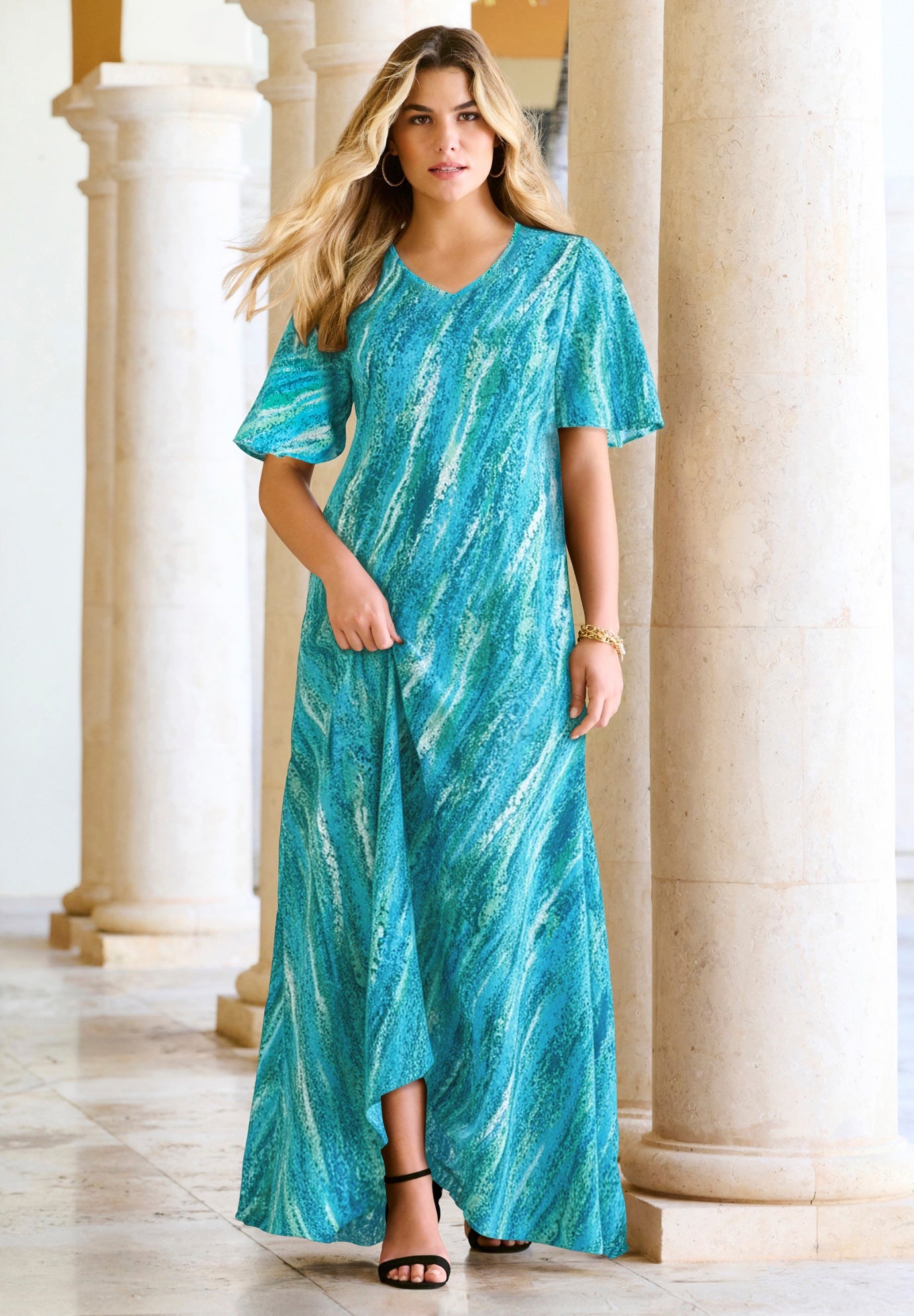 Plus Size Hand Crinkled Flutter-Sleeve Maxi Dress image number 0
