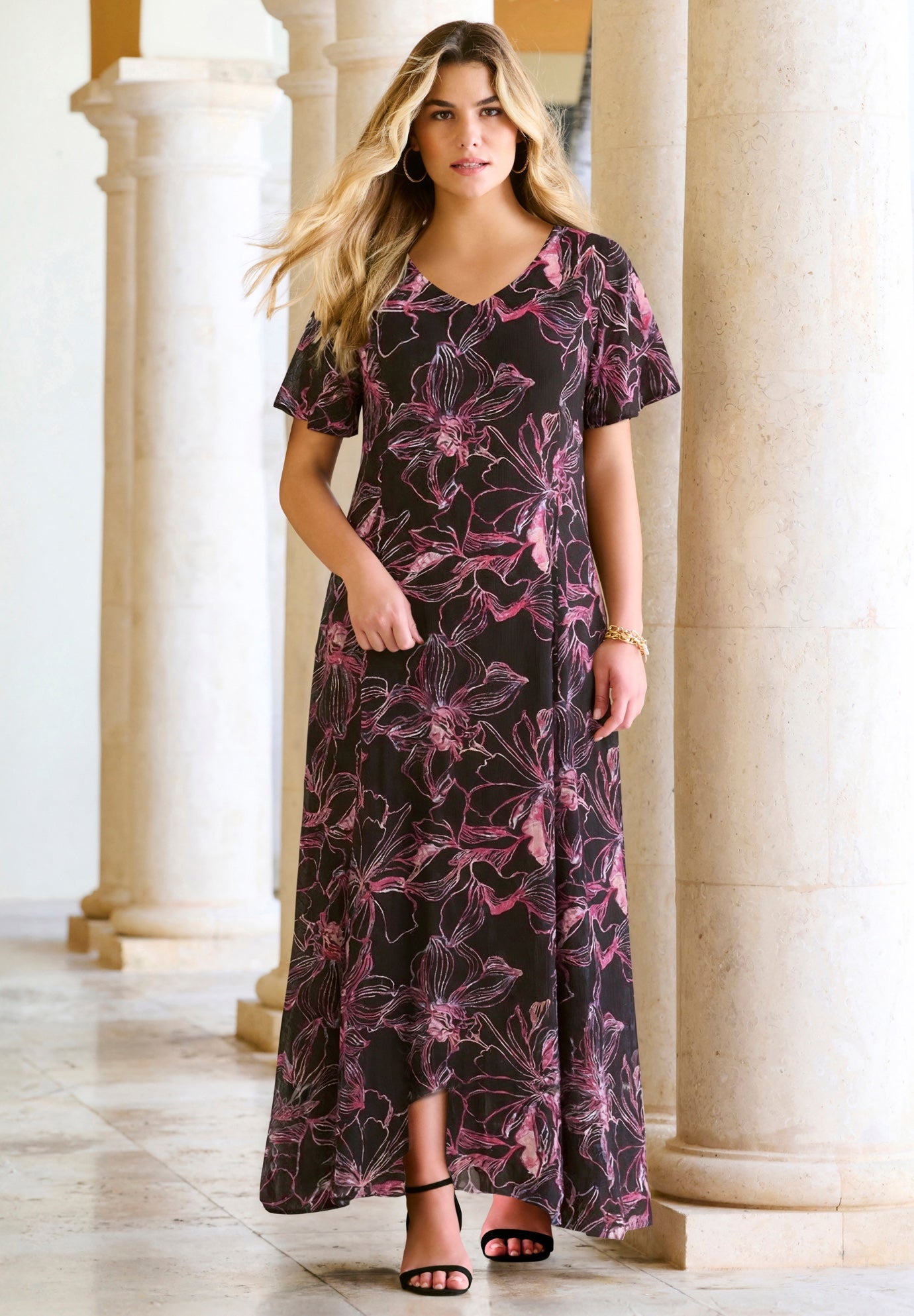 Plus Size Hand Crinkled Flutter-Sleeve Maxi Dress image number 0
