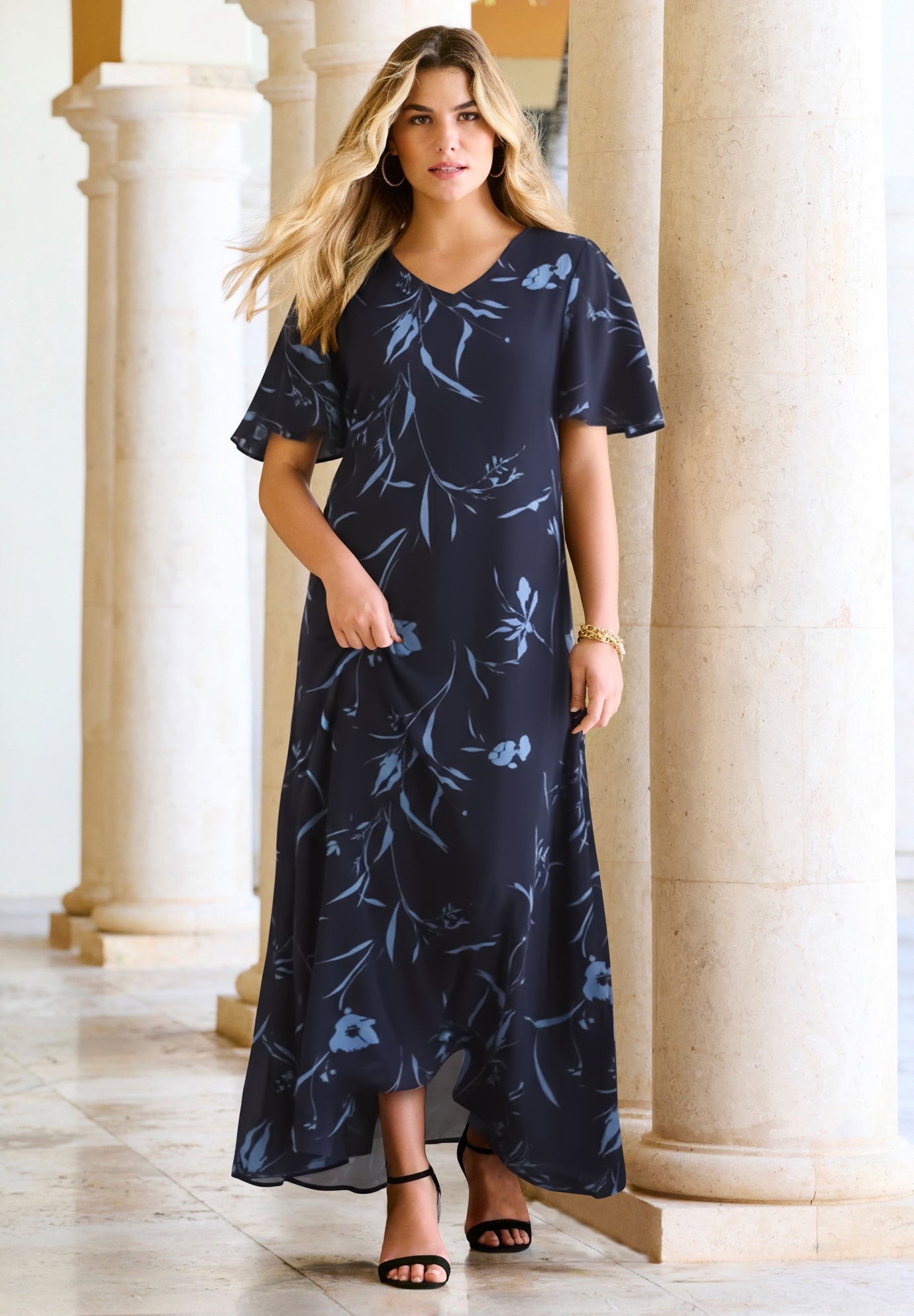 Plus Size Hand Crinkled Flutter-Sleeve Maxi Dress image number 0