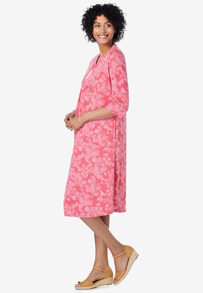 Pleat-Front Tunic Dress With Three-Quarter Sleeves image number 2
