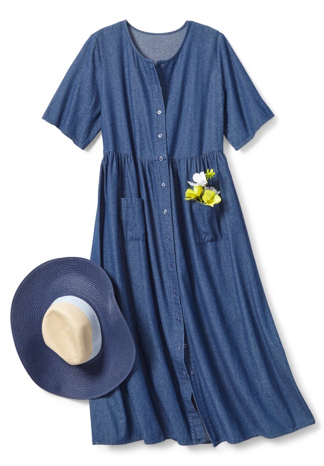 Short-Sleeve Denim Dress - Button Front Style, Medium Stonewash | Woman Within Short-Sleeve Denim Dress - Button Front Style, Medium Stonewash | Woman Within