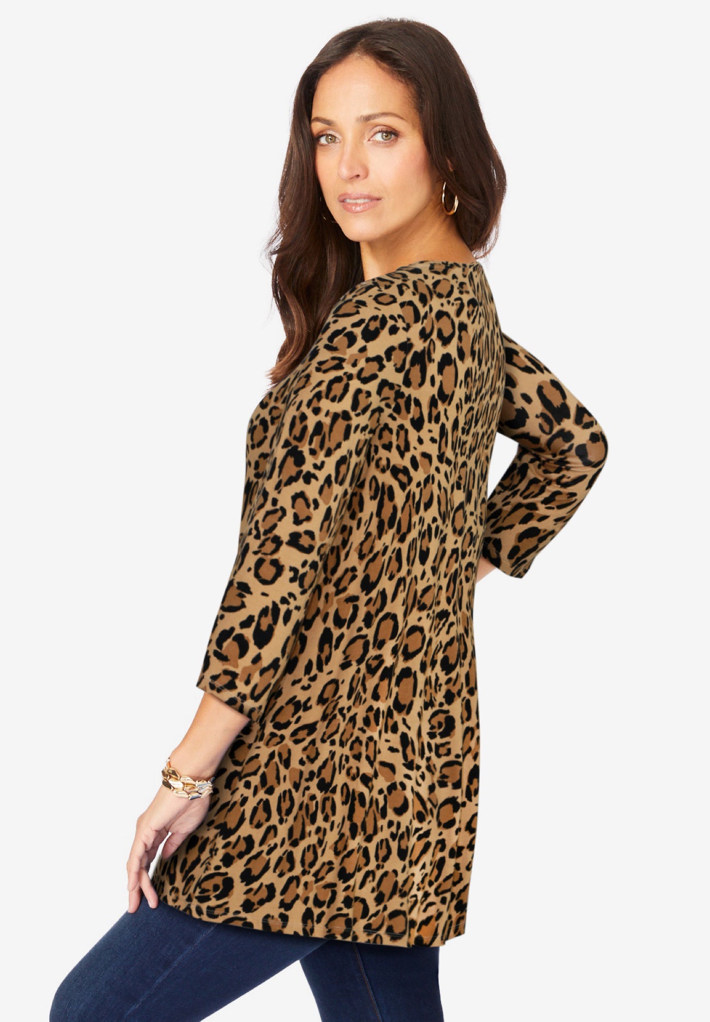 新品未使用2024ss TAN DAZZLED KNITTED TUNIC Knit Tunic with Stretch - Swing Style, Natural Bold Leopard