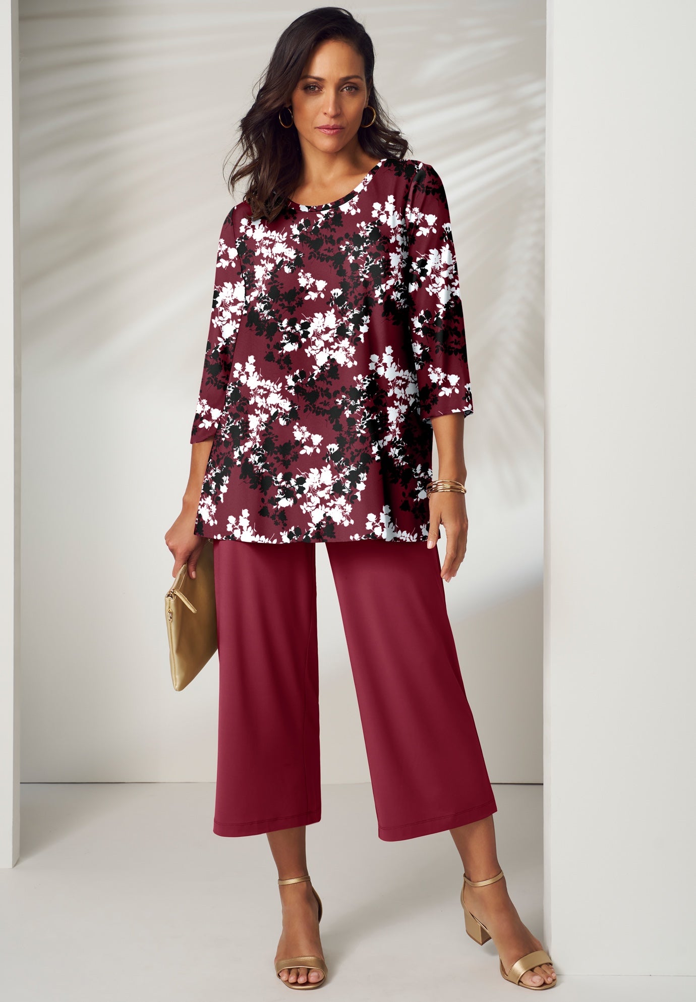 T. japan print sleeve tunic チュニック　ブラウン 3/4 Sleeve Split Neck Tunic – Lilla P