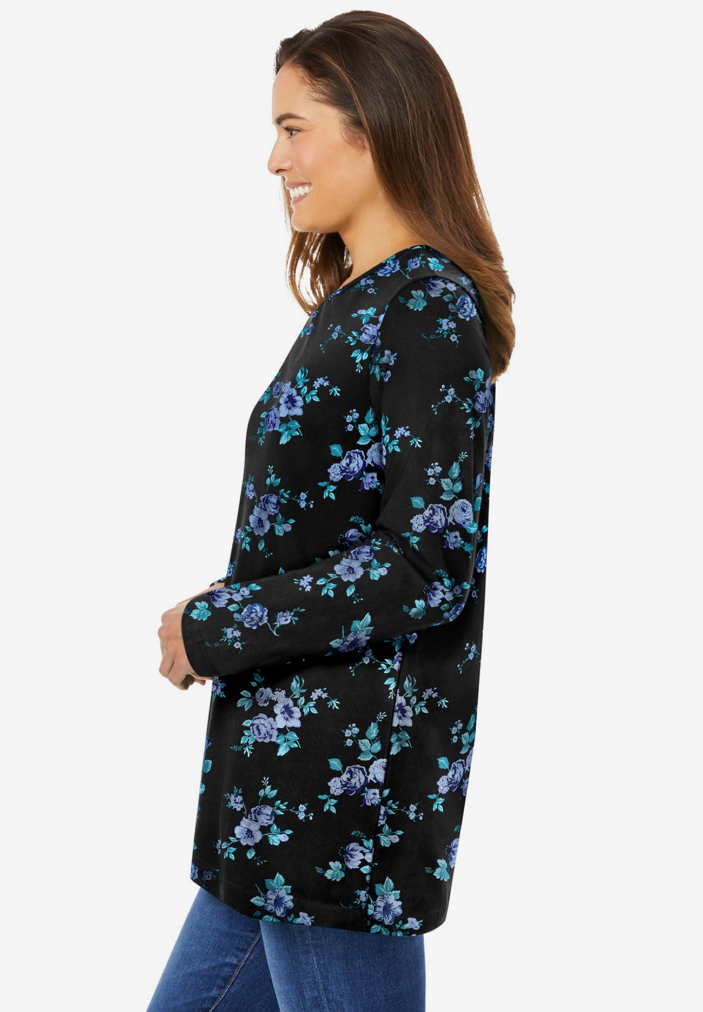 Perfect Printed Long-Sleeve Crewneck Tee 5X, Blue Rose Ditsy