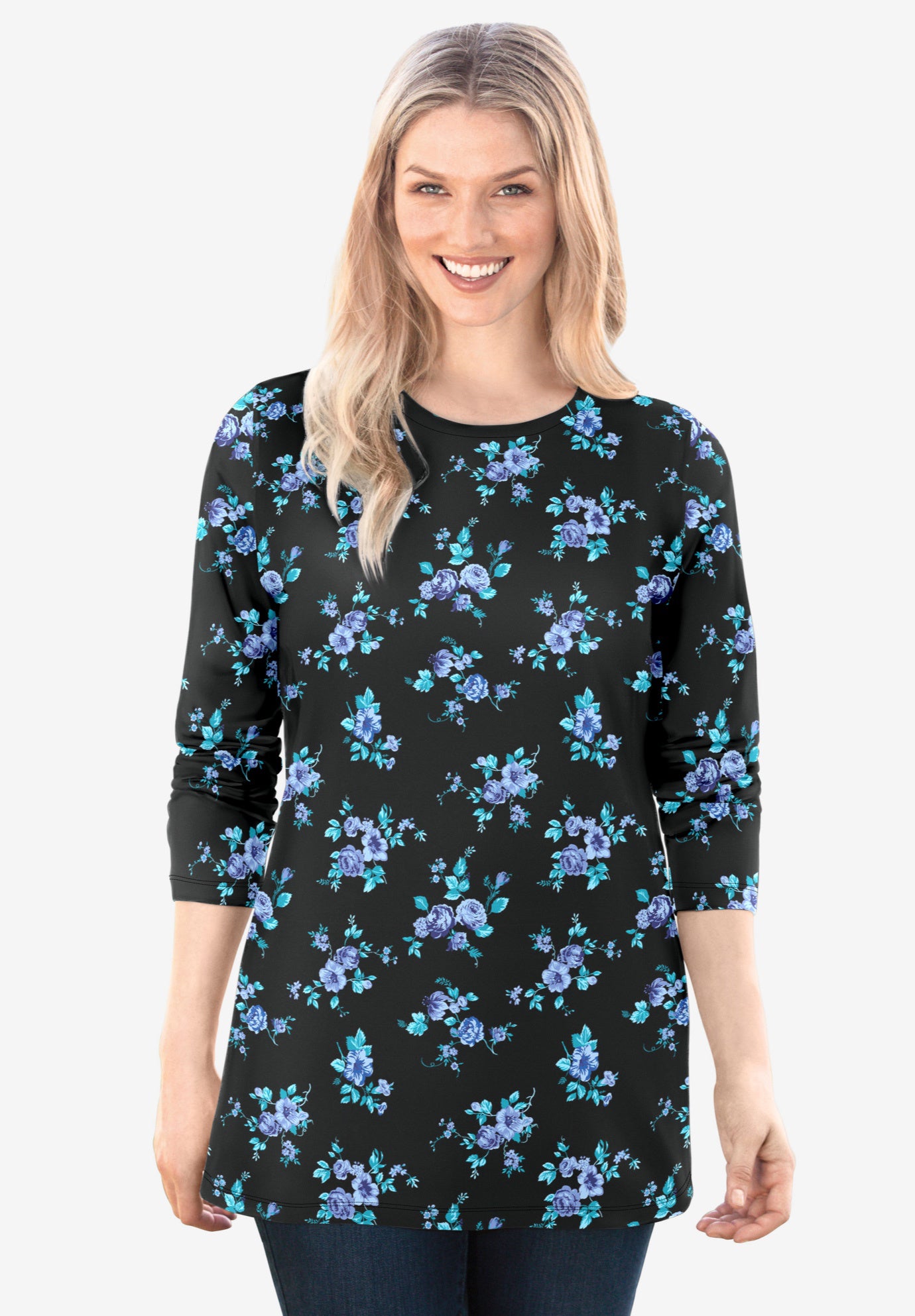 Perfect Printed Long-Sleeve Crewneck Tee 5X, Blue Rose Ditsy