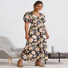 Stretch Knit V-neck Short Sleeve Tie Back Maxi Dress image number null