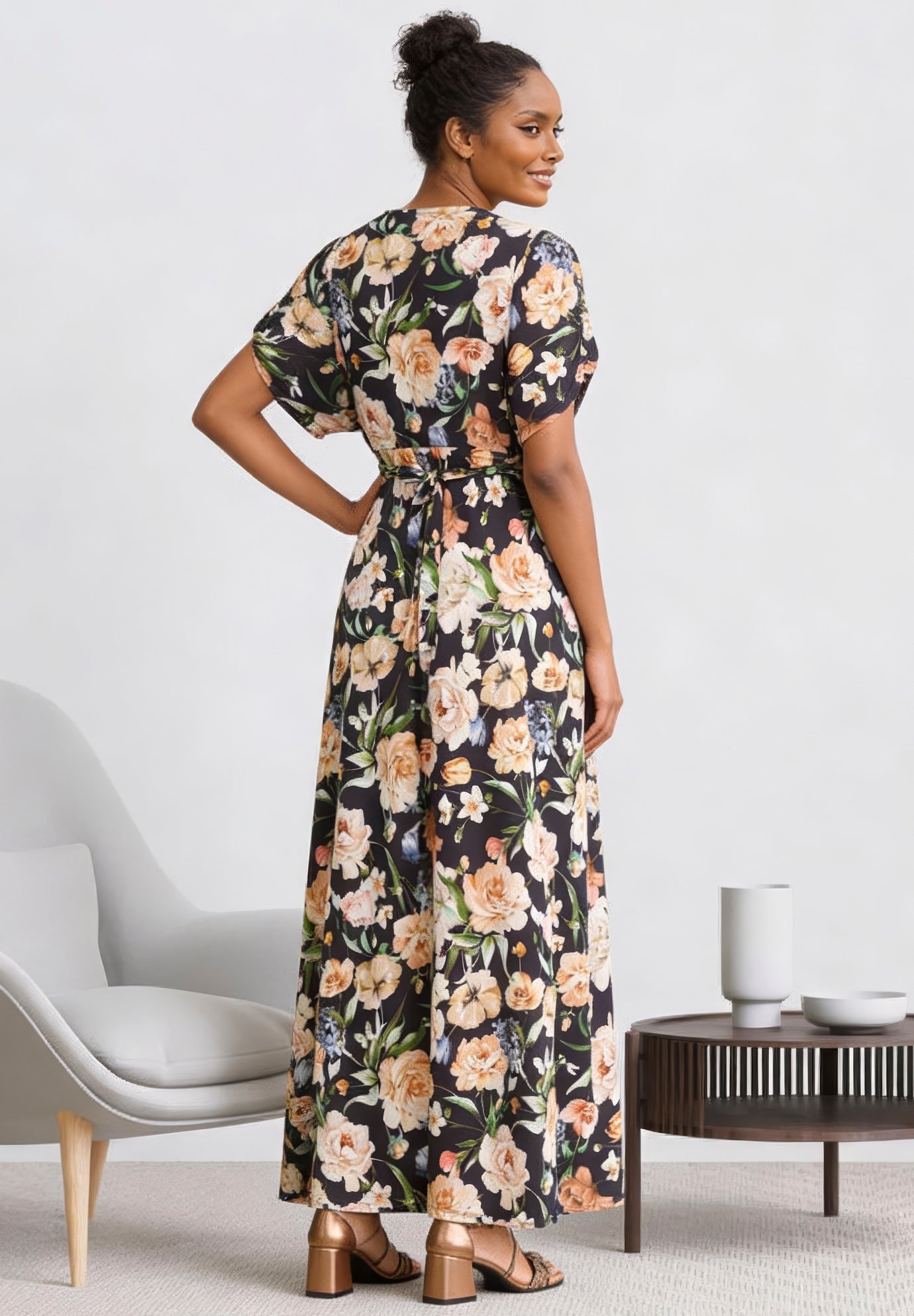 Stretch Knit V-neck Short Sleeve Tie Back Maxi Dress image number 1