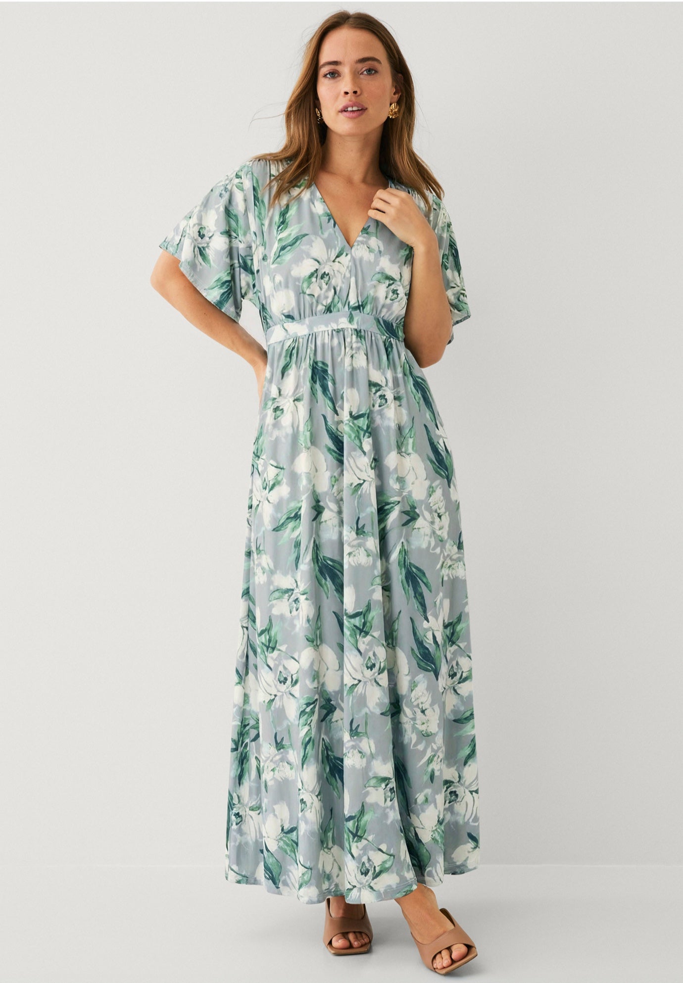 Stretch Knit Fit And Flare Elbow-Length Sleeve Tie-Back Maxi Dress image number 0