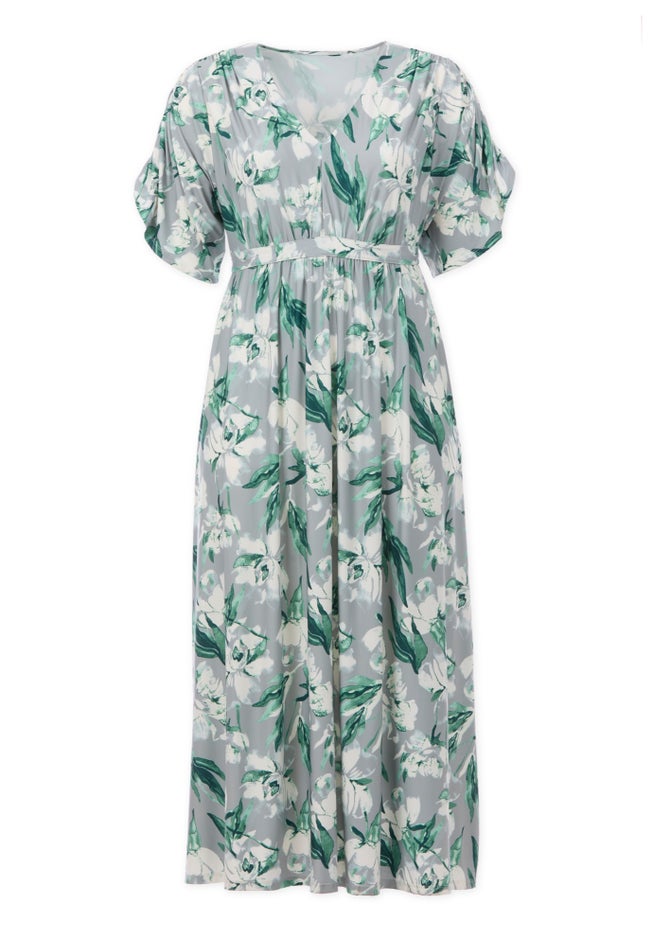 Stretch Knit Fit And Flare Elbow-Length Sleeve Tie-Back Maxi Dress image number 2