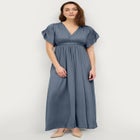 Stretch Knit Fit And Flare Elbow-Length Sleeve Tie-Back Maxi Dress image number null