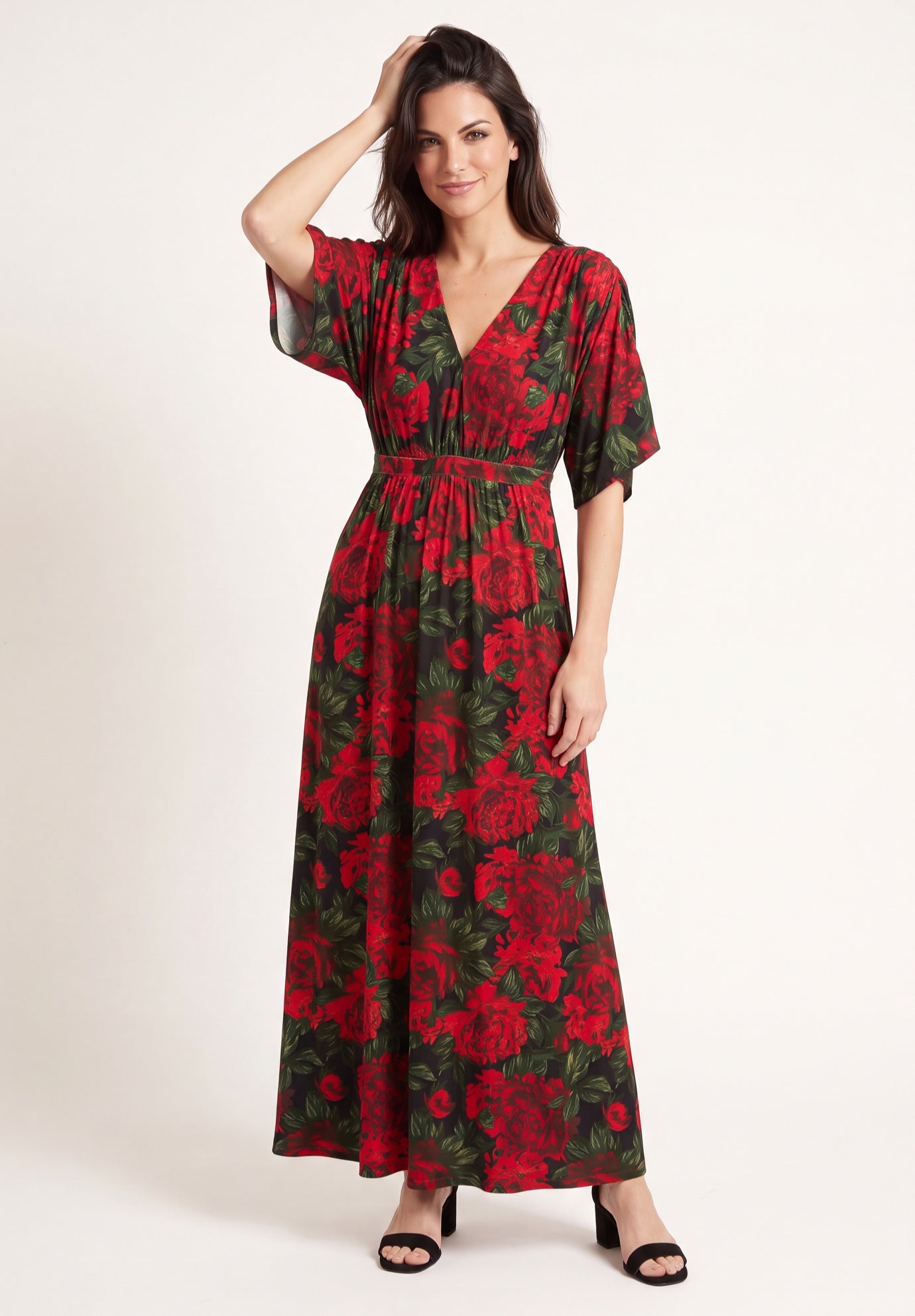 Stretch Knit Fit And Flare Elbow-Length Sleeve Tie-Back Maxi Dress image number 0