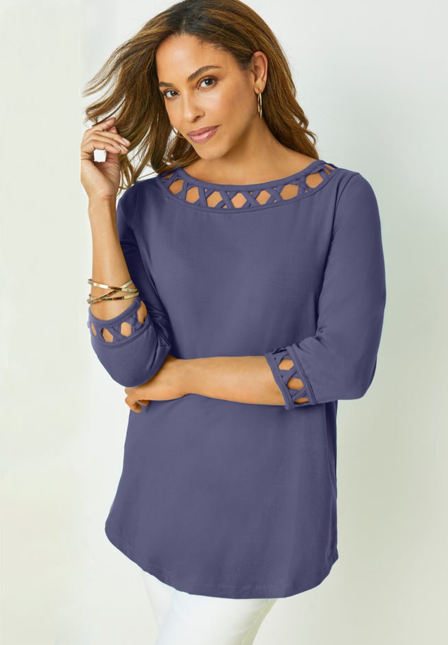 Stretch Cotton Lattice Boatneck Tunic image number 0