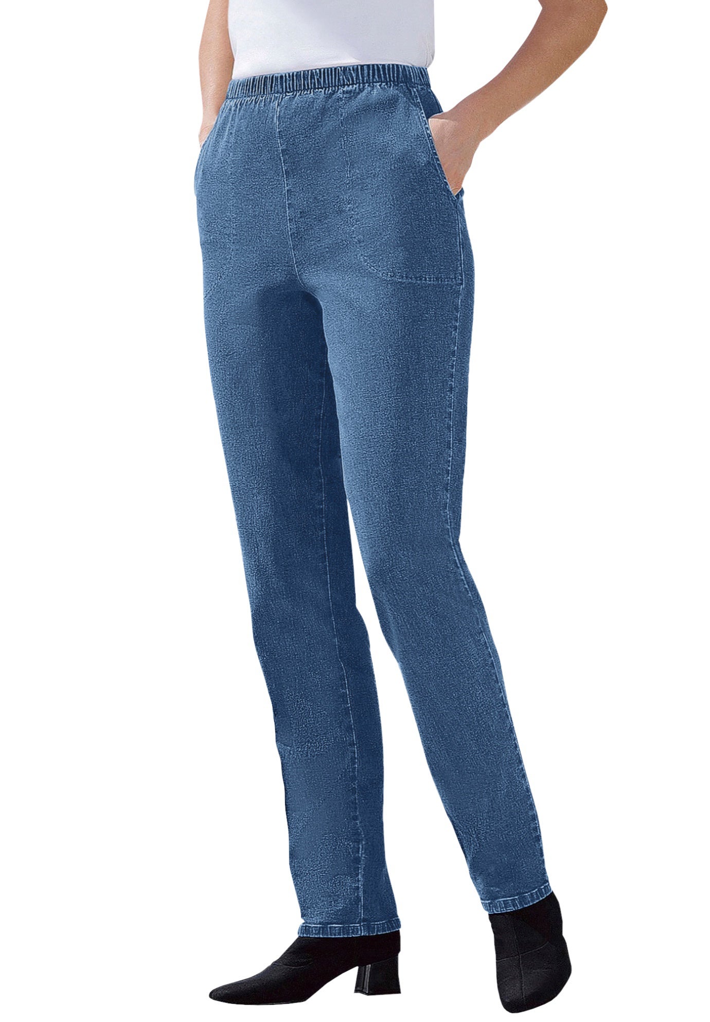 Fineline Pull-On Elastic Waist Straight-Leg Stretch Denim Jeans image number 0
