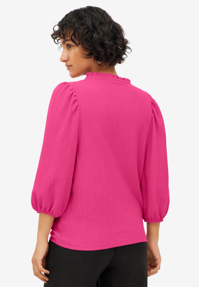 Textured Knit Ruffle Notch Neck Top image number null