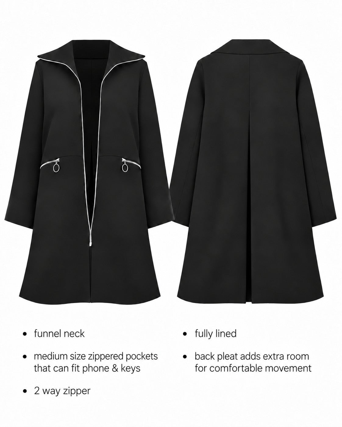 Stretch Crepe Zip Front A Line Back Pleat Coat image number 1