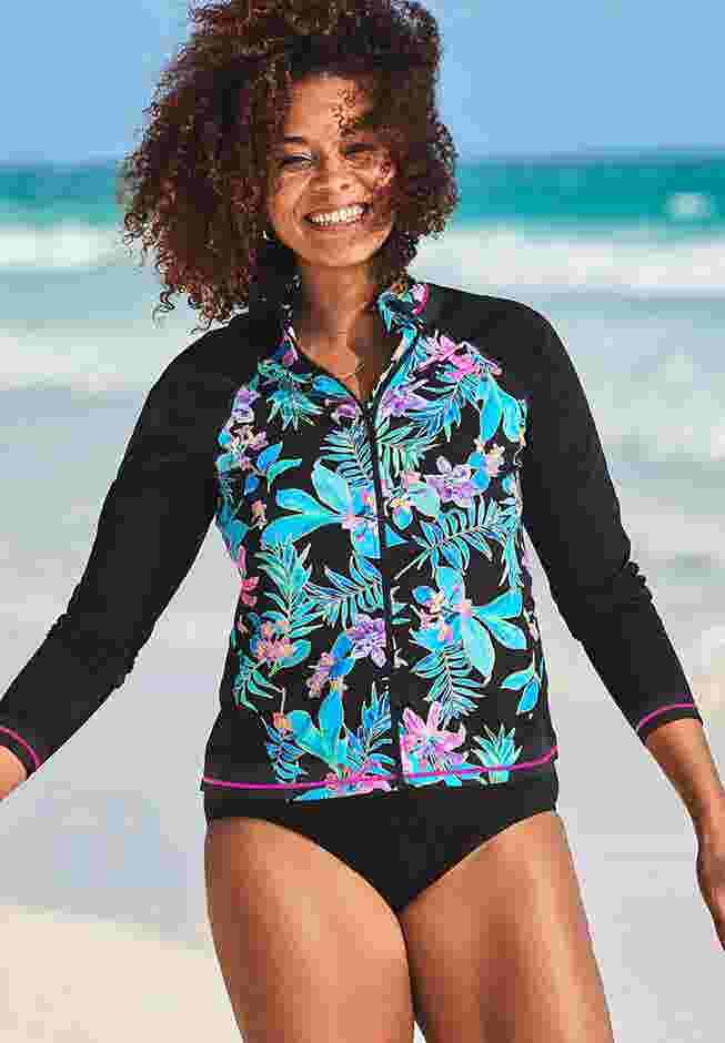 Chlorine Resistant Zip Front Long Sleeve Swim Shirt Rash Guard image number 0