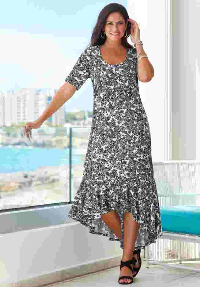 Flounce Hem Maxi Dress - Stretch Knit Style, Black White Lace | Woman ...