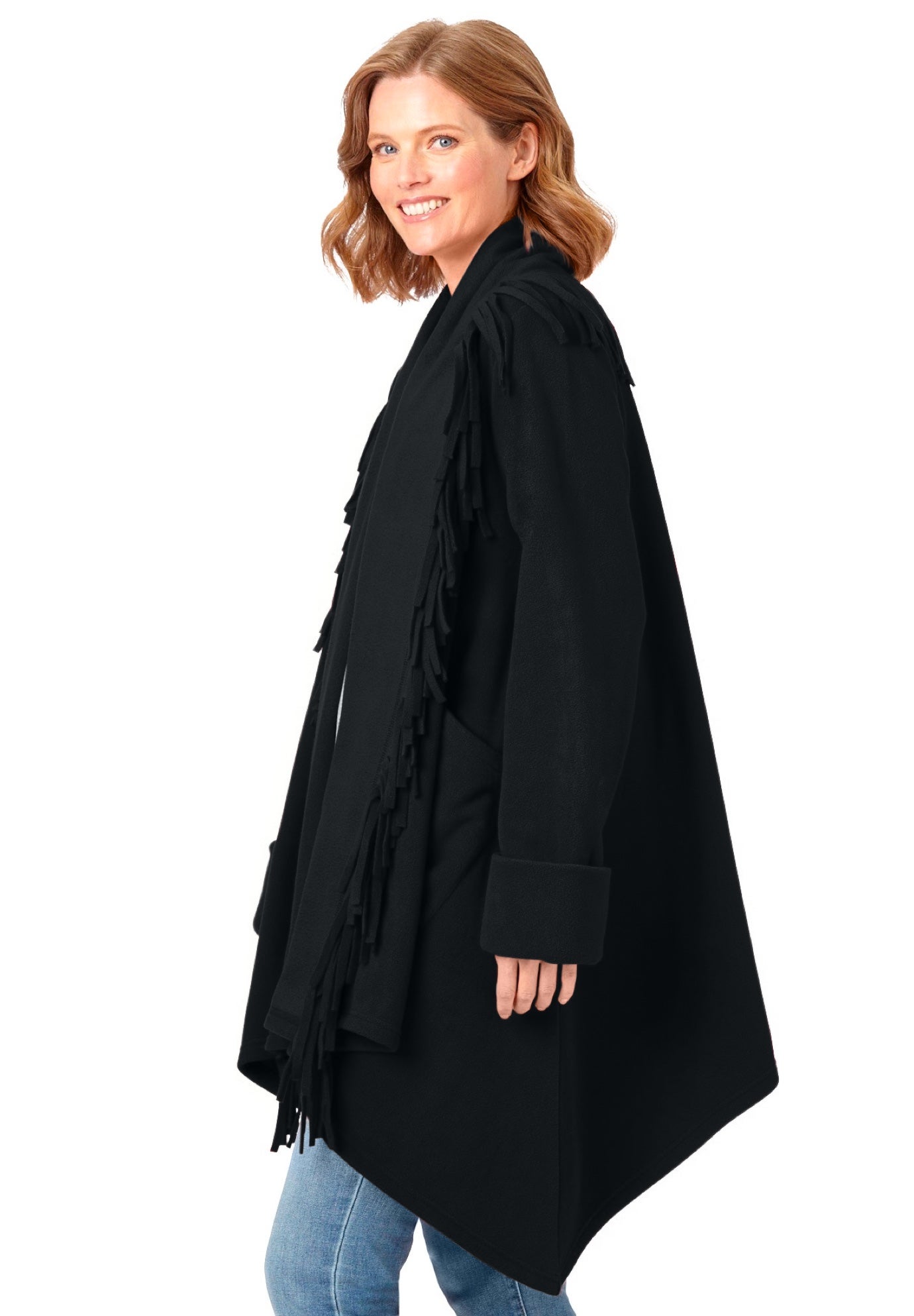 fringed shawl collar fleece jacket