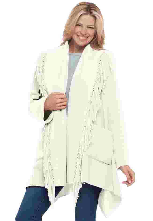 Fringed Shawl Collar Fleece Jacket image number 0