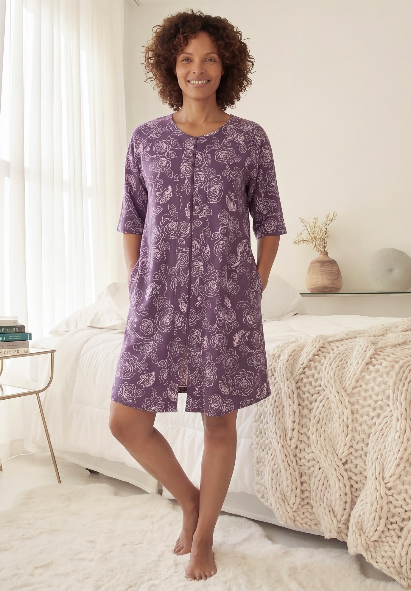 Short French Terry Zip-Front Robe image number 0