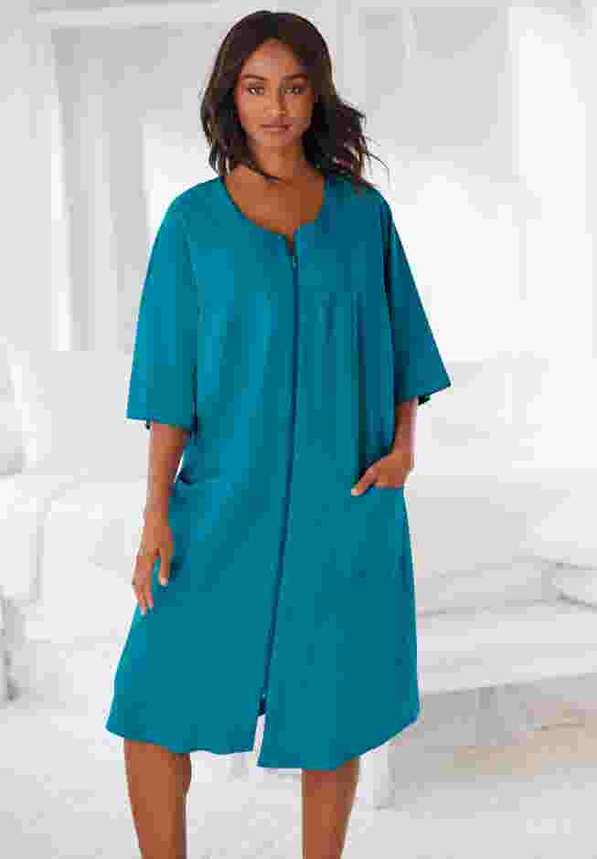 French Terry Short Zip-Front Lounge Robe, Deep Teal | Woman Within