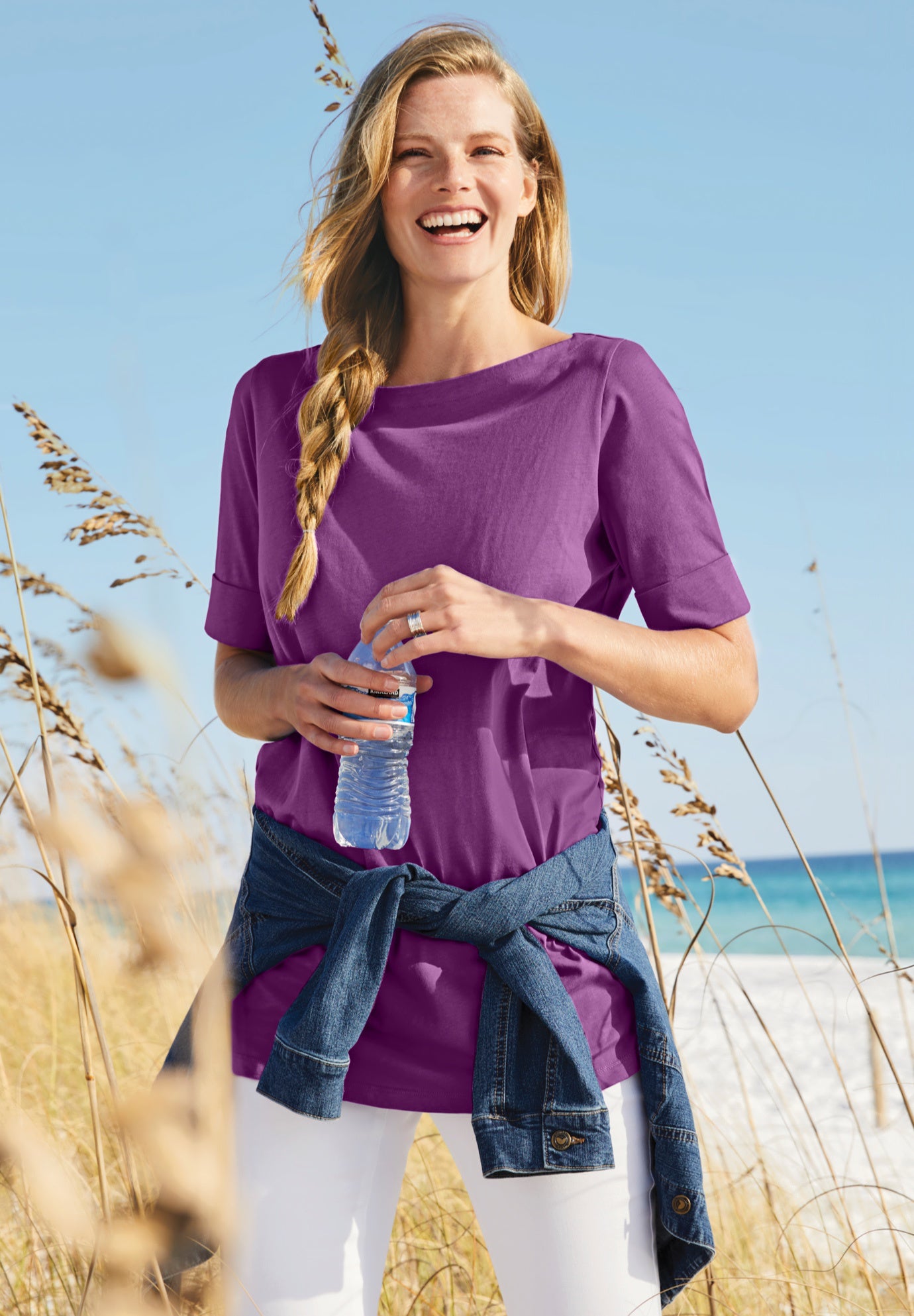 Perfect Cuffed Elbow-Sleeve Boat-Neck Tee image number 0