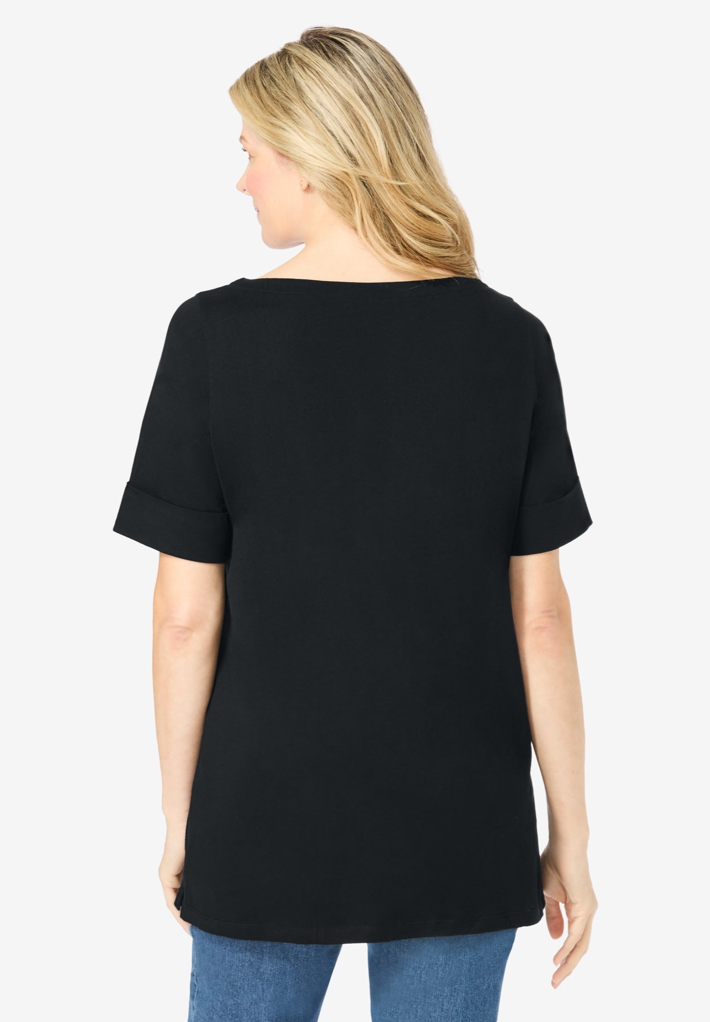 Perfect Cuffed Elbow-Sleeve Boat-Neck Tee image number 1