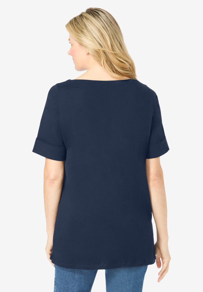 Perfect Cuffed Elbow-Sleeve Boat-Neck Tee image number 1
