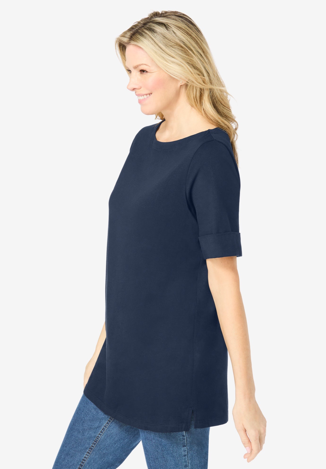 Perfect Cuffed Elbow-Sleeve Boat-Neck Tee image number 2