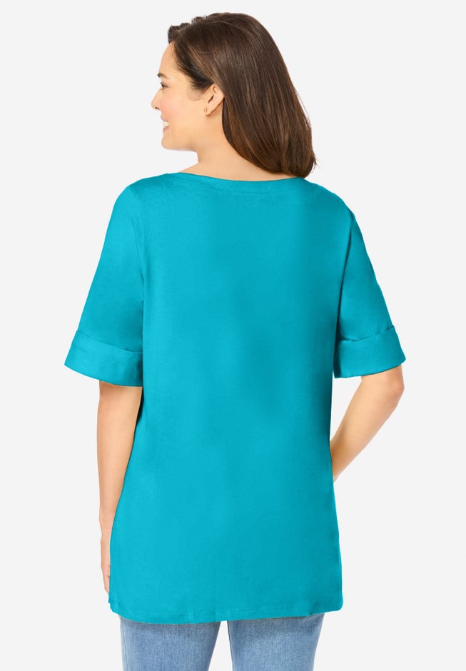 Perfect Cuffed Elbow-Sleeve Boat-Neck Tee image number 1