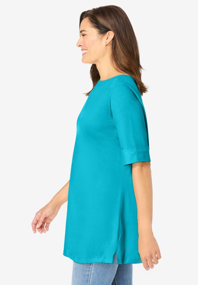 Perfect Cuffed Elbow-Sleeve Boat-Neck Tee image number 2