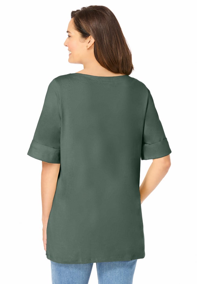 Perfect Cuffed Elbow-Sleeve Boat-Neck Tee image number 1