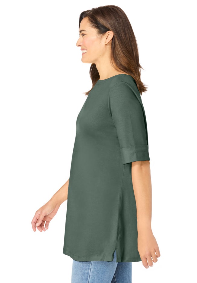Perfect Cuffed Elbow-Sleeve Boat-Neck Tee image number 2