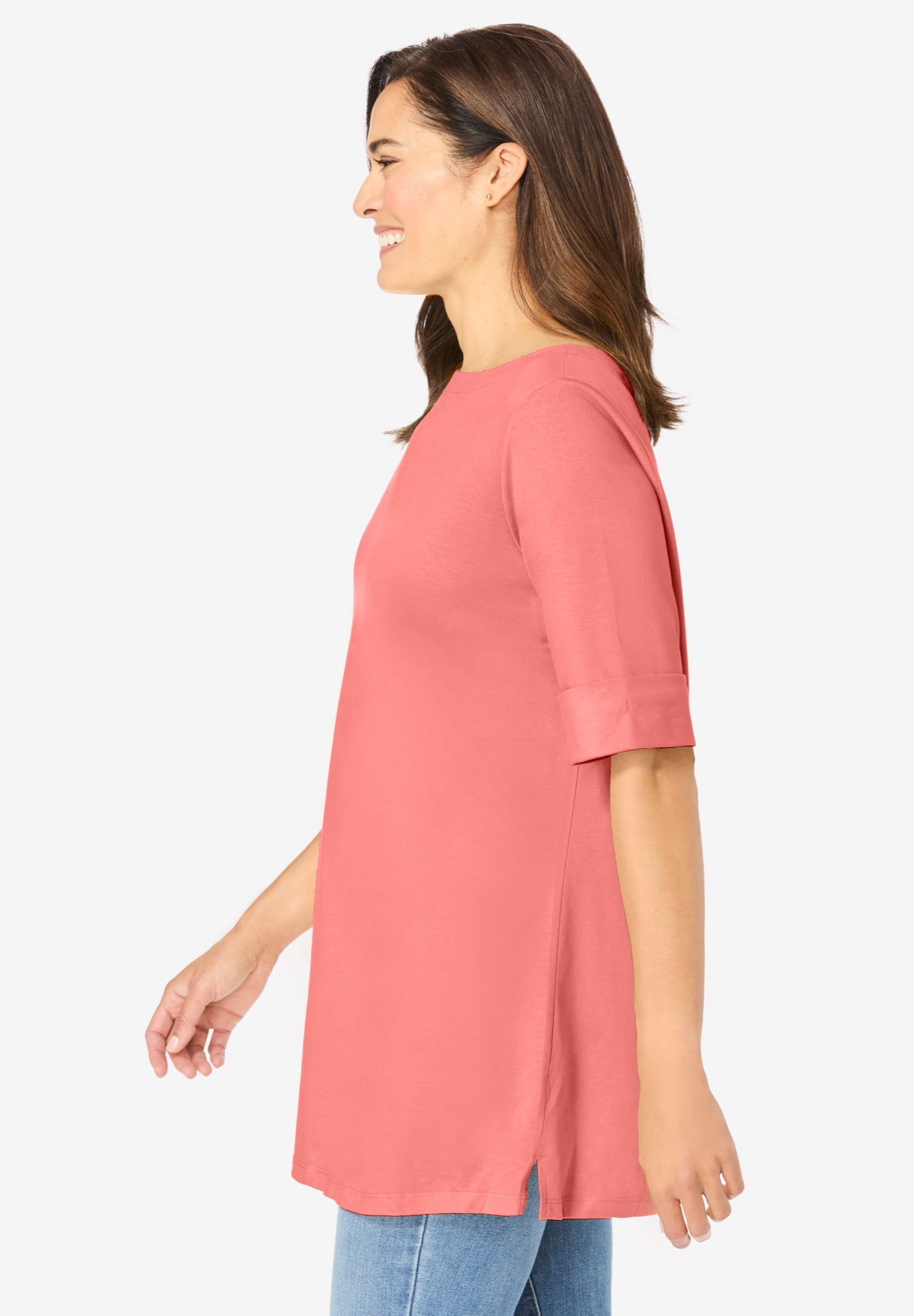 Perfect Cuffed Elbow-Sleeve Boat-Neck Tee image number 2