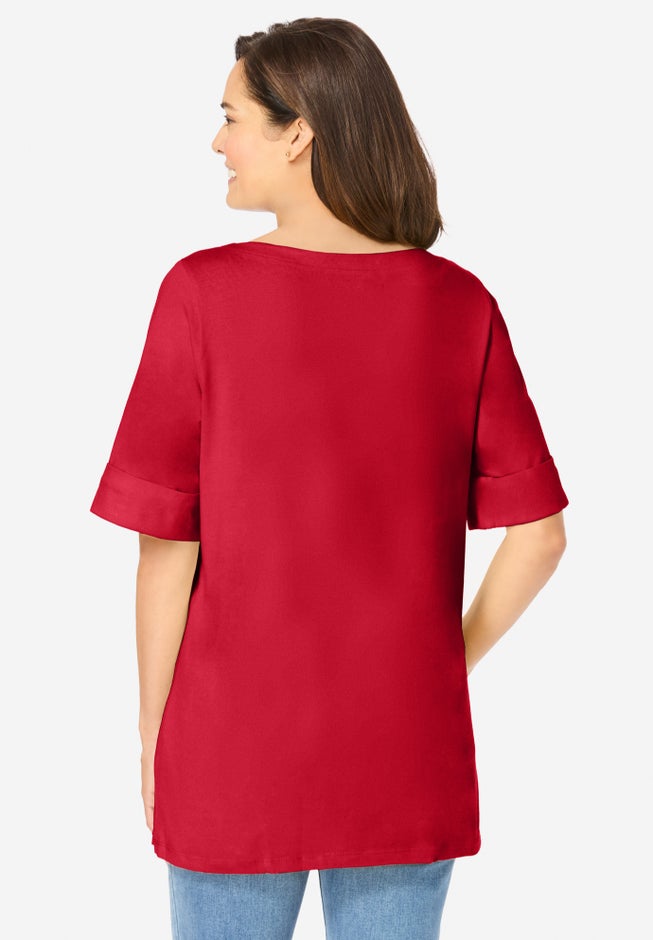 Perfect Cuffed Elbow-Sleeve Boat-Neck Tee image number 1