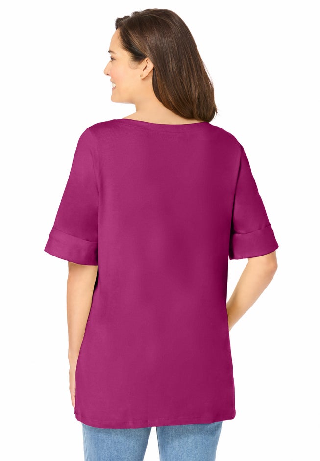 Perfect Cuffed Elbow-Sleeve Boat-Neck Tee image number 1