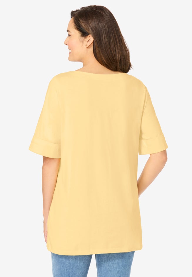 Perfect Cuffed Elbow-Sleeve Boat-Neck Tee image number 1